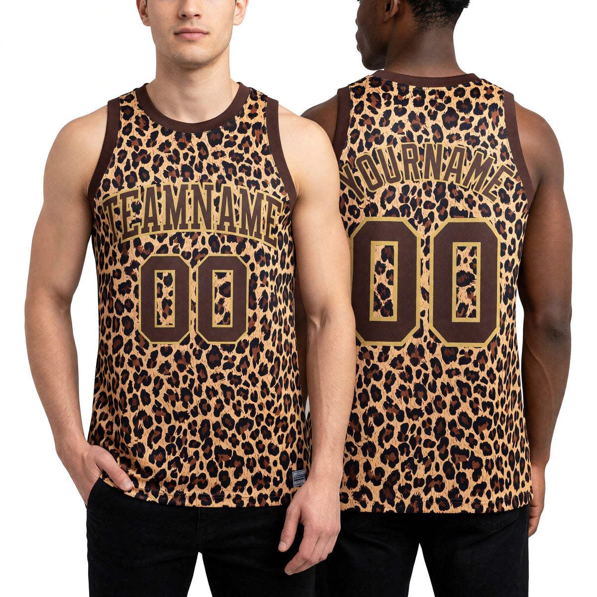 Custom Brown Old Gold Leopard Print Round Neck Sublimation Basketball Set Jersey worn front and back