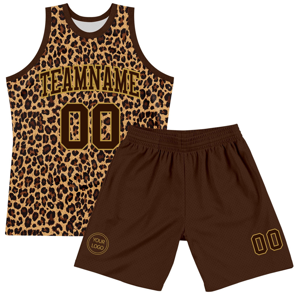 Custom Brown Old Gold Leopard Print Round Neck Sublimation Basketball Set Jersey photo 2