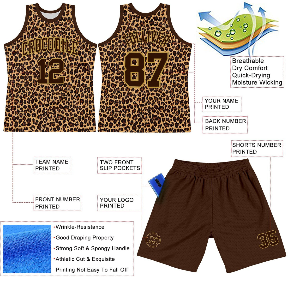 Custom Brown Old Gold Leopard Print Round Neck Sublimation Basketball Set Jersey photo 3