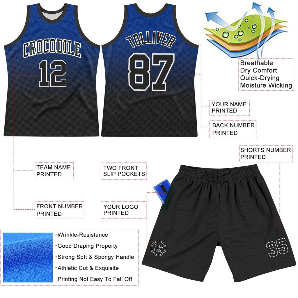 Custom Royal Black-White Fade Fashion Round Neck Sublimation Basketball Set Jersey photo 3