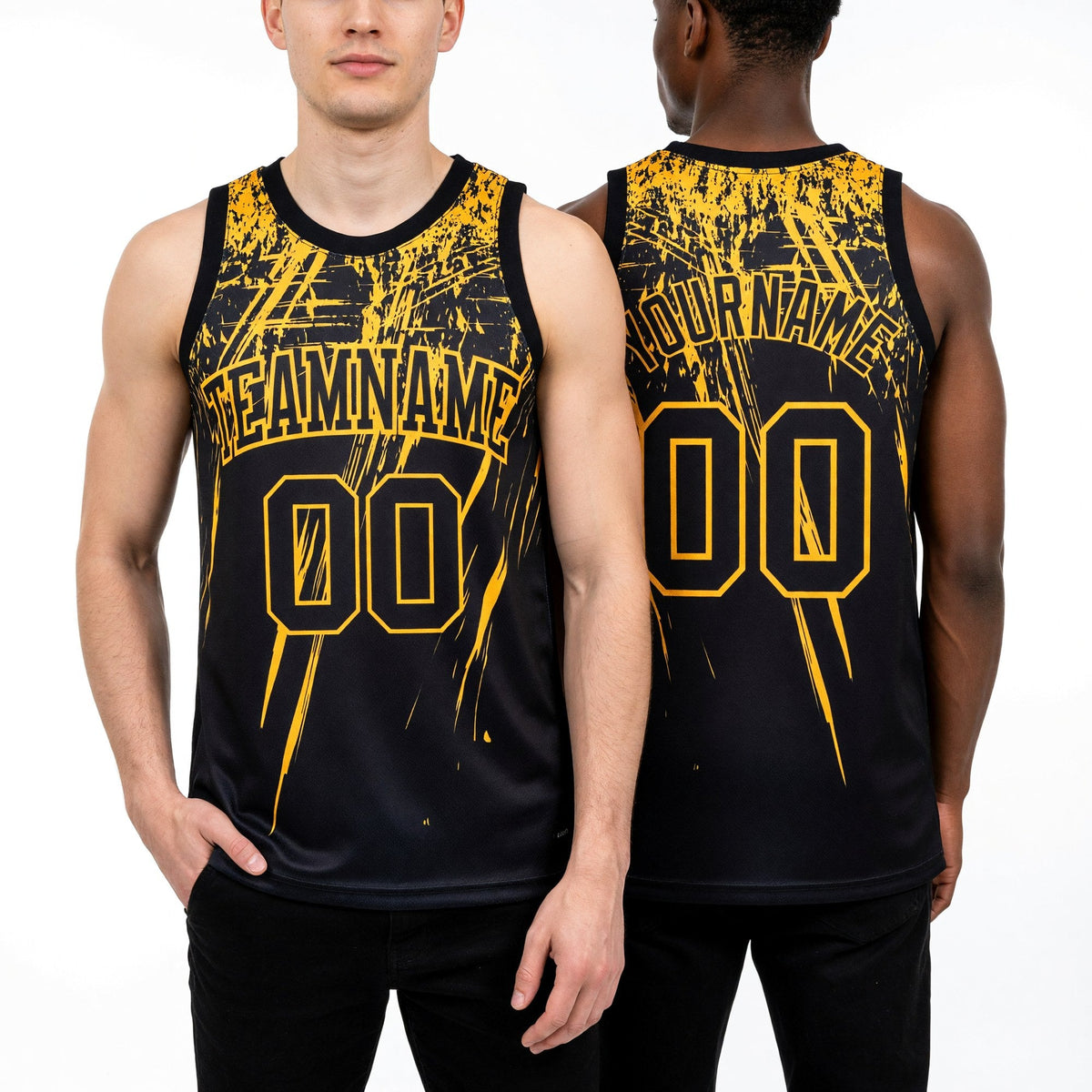 Custom Black Gold Splash Round Neck Sublimation Basketball Set Jersey worn front and back