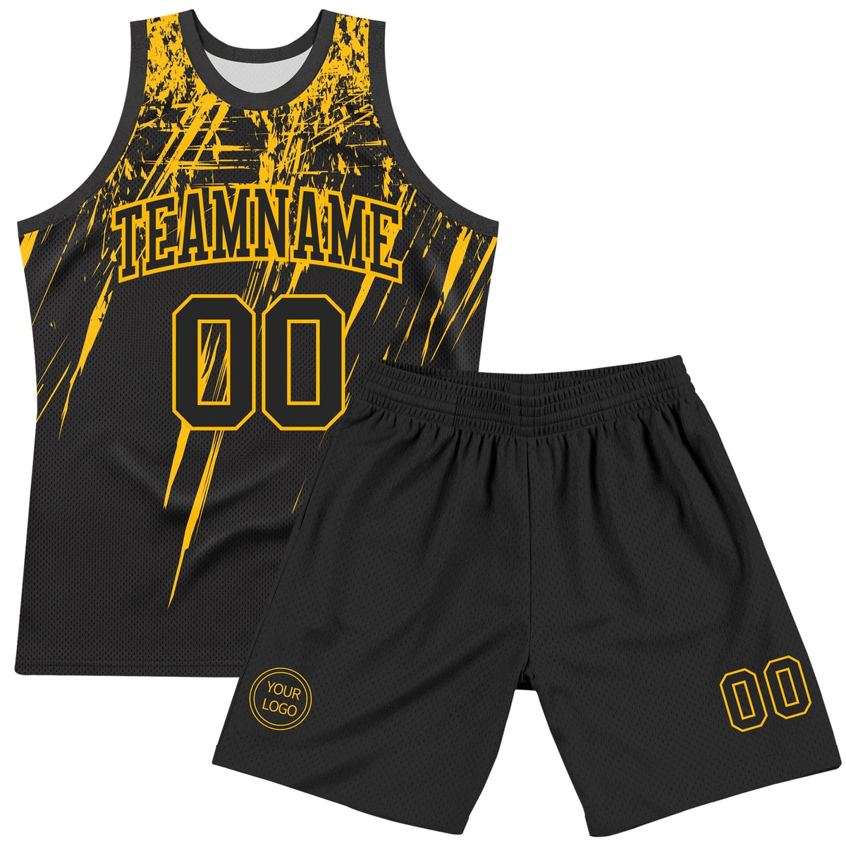 Custom Black Gold Splash Round Neck Sublimation Basketball Set Jersey photo 2