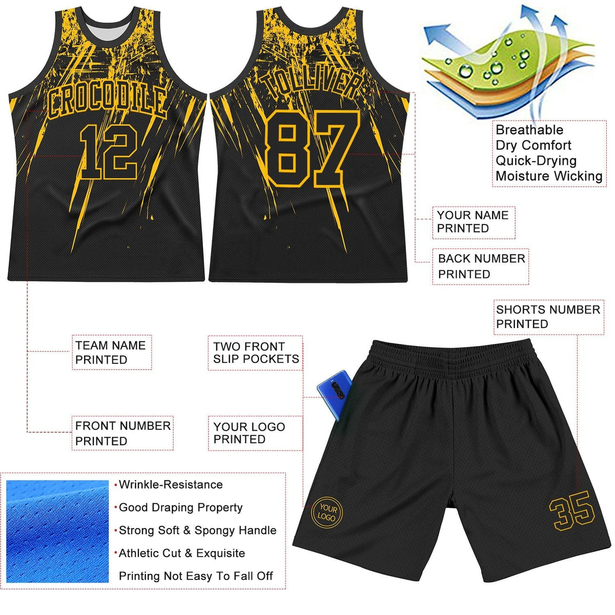 Custom Black Gold Splash Round Neck Sublimation Basketball Set Jersey photo 3