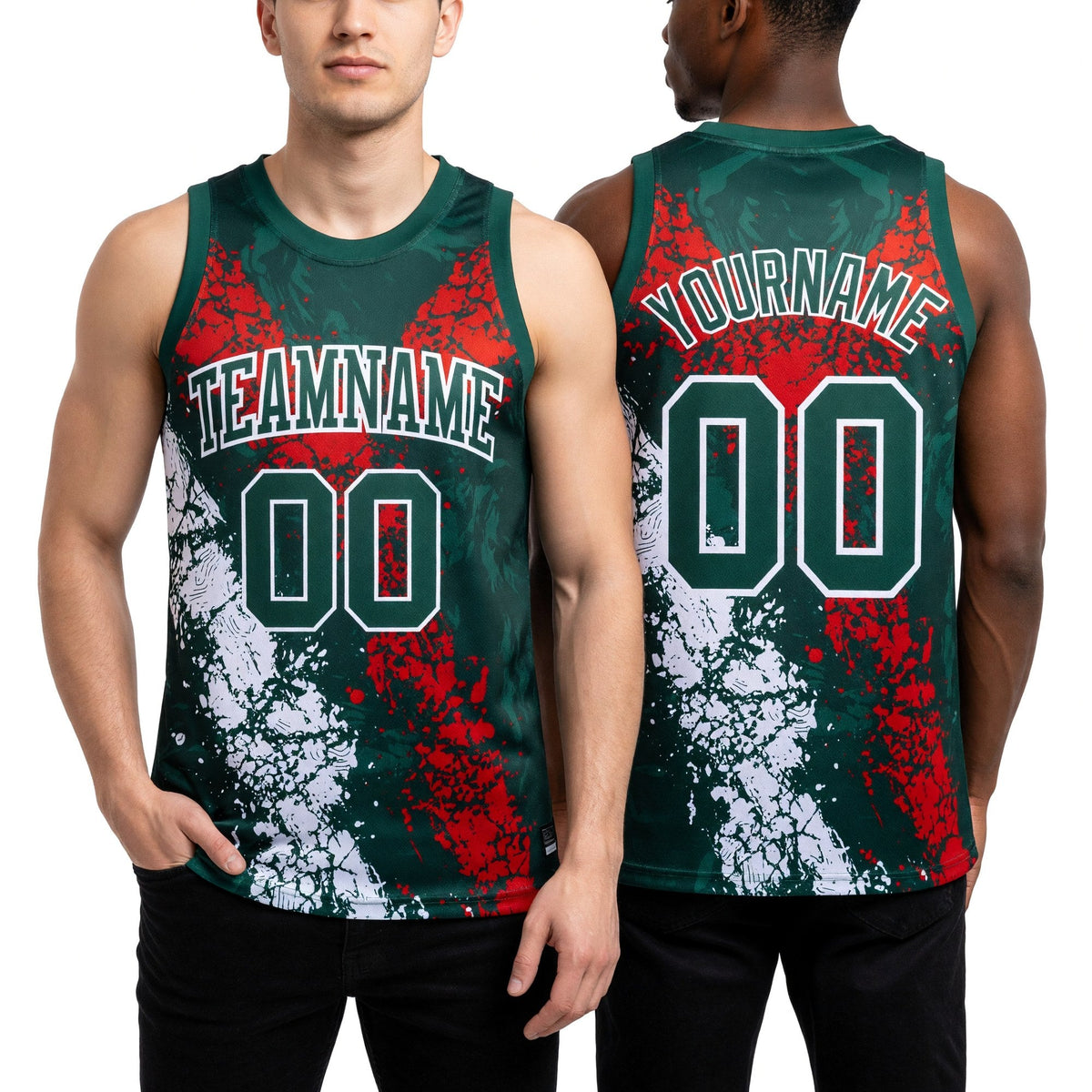 Custom Green Red-White Splash Round Neck Sublimation Basketball Set Jersey worn front and back