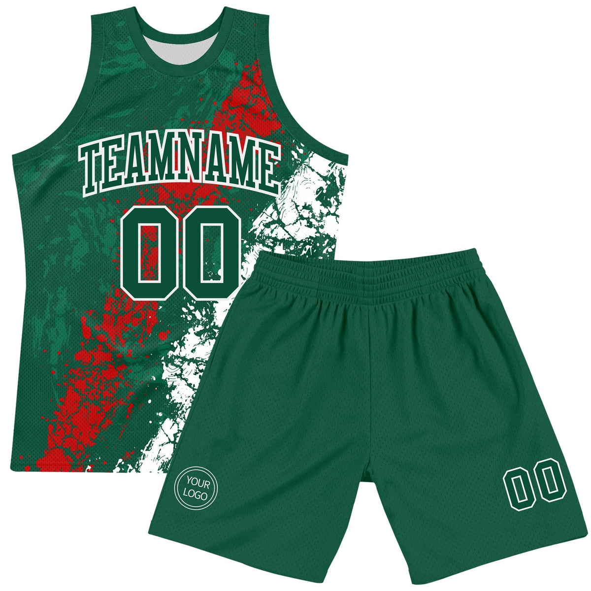 Custom Green Red-White Splash Round Neck Sublimation Basketball Set Jersey photo 2