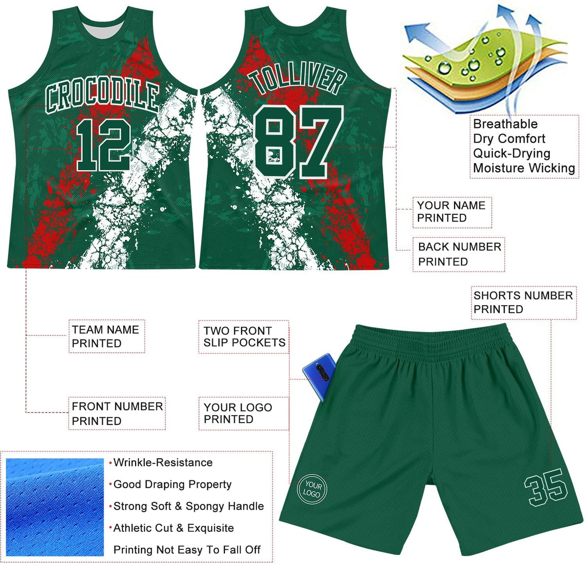Custom Green Red-White Splash Round Neck Sublimation Basketball Set Jersey photo 3