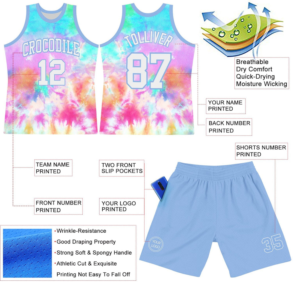 Custom Tie Dye White-Light Blue Round Neck Sublimation Basketball Set Jersey photo 3