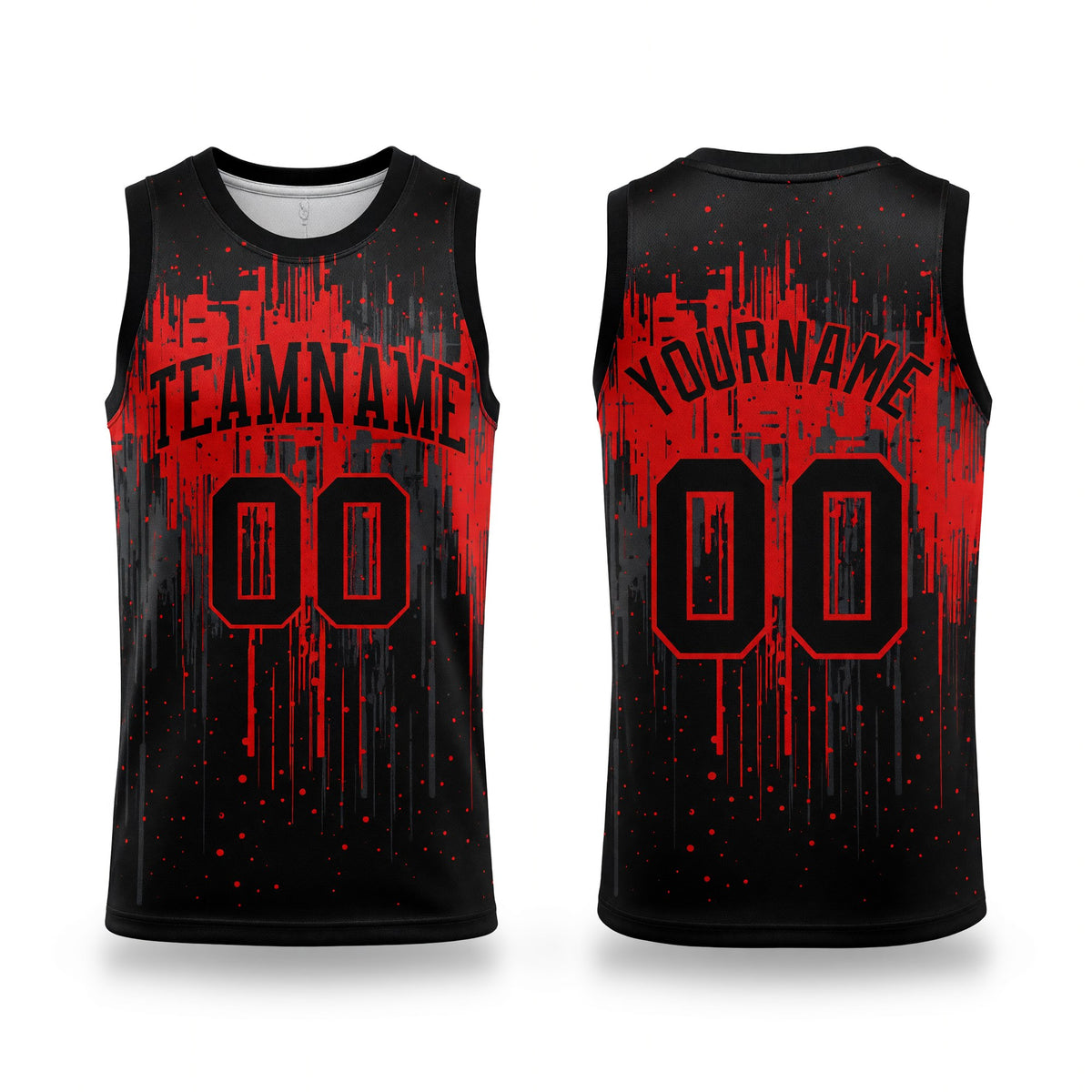 Custom Black Red Dripping Splatter Art Round Neck Sublimation Basketball Set Jersey