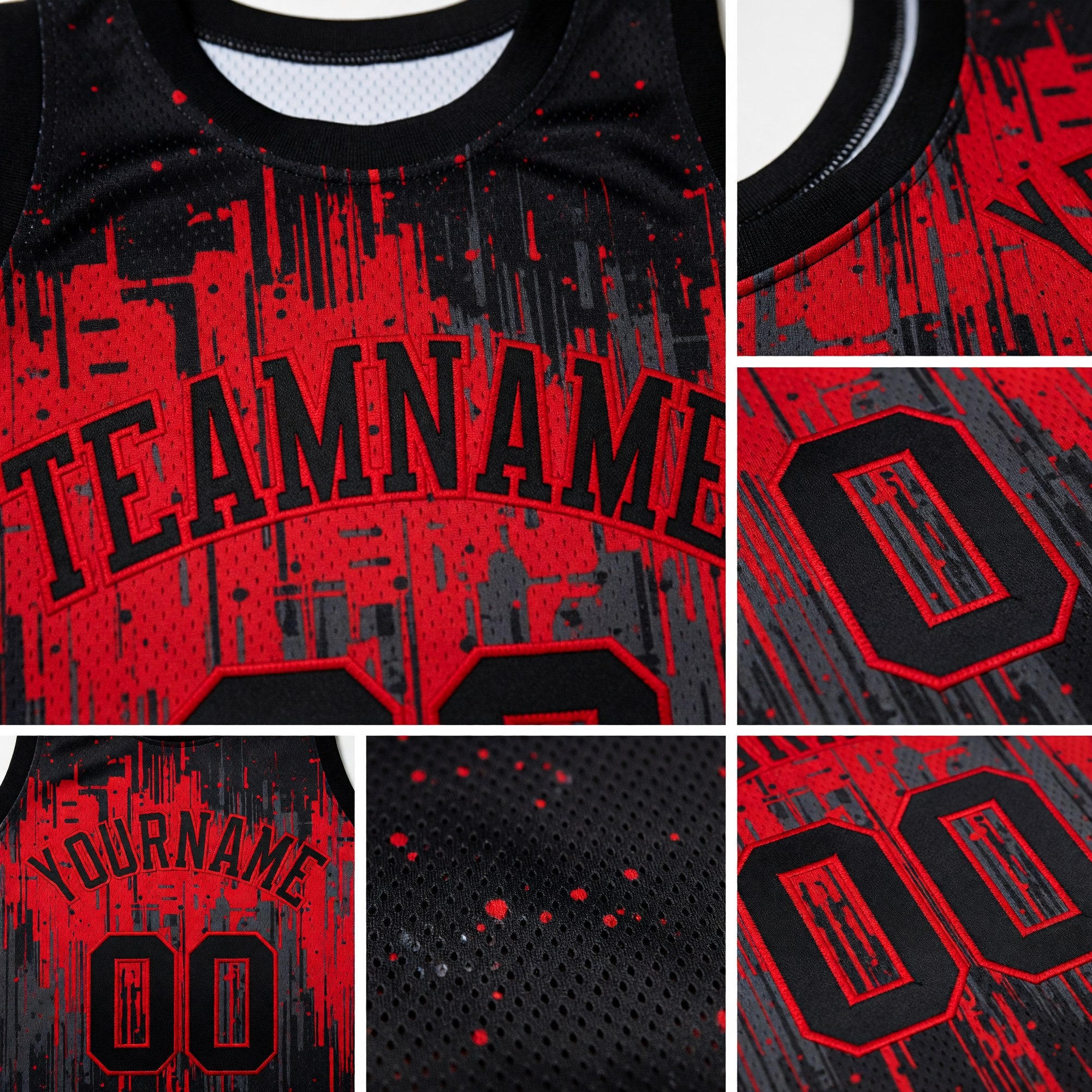 Custom Black Red Dripping Splatter Art Round Neck Sublimation Basketball Set Jersey detail