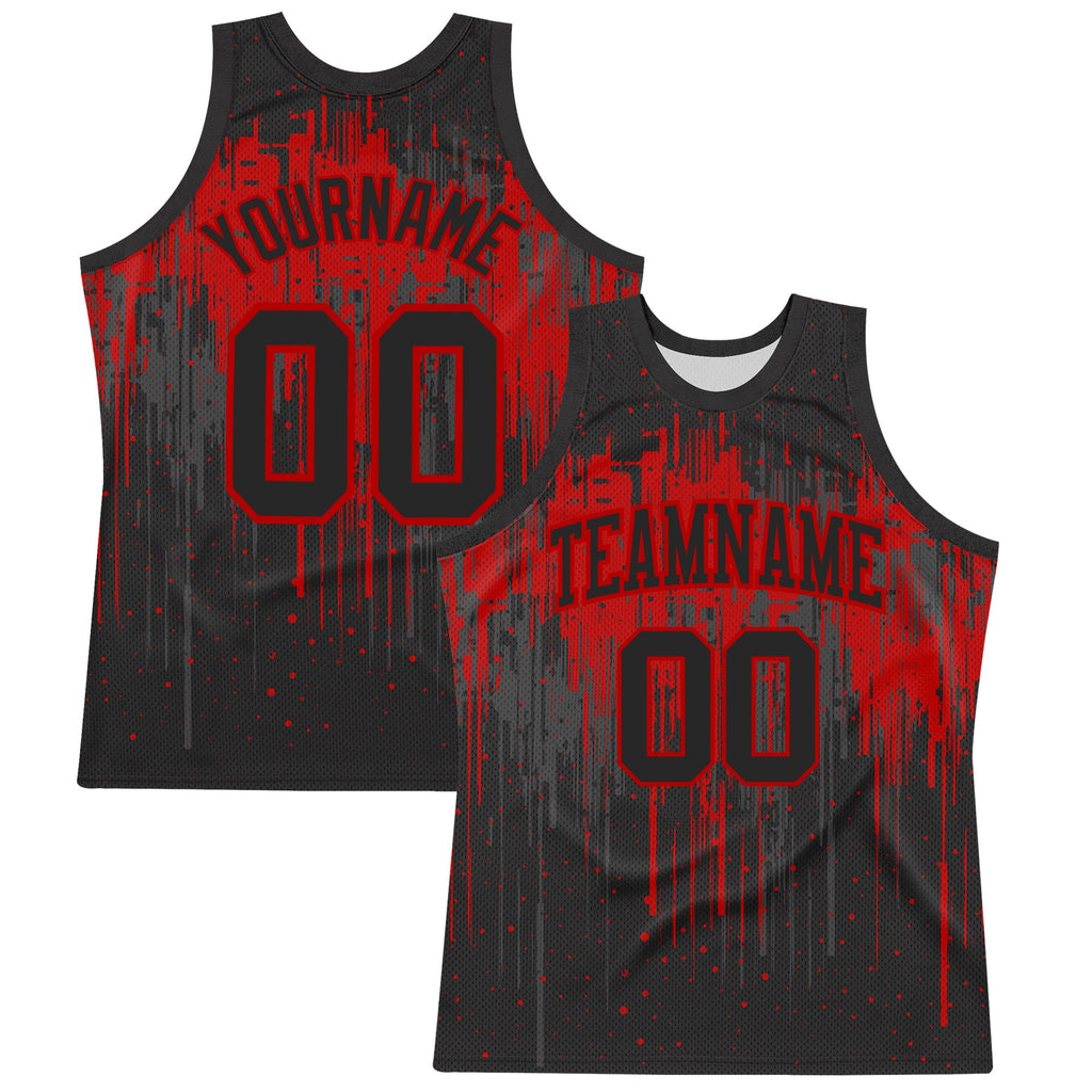Custom Black Red Dripping Splatter Art Round Neck Sublimation Basketball Set Jersey photo 1