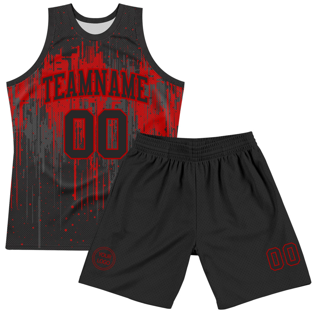 Custom Black Red Dripping Splatter Art Round Neck Sublimation Basketball Set Jersey photo 2