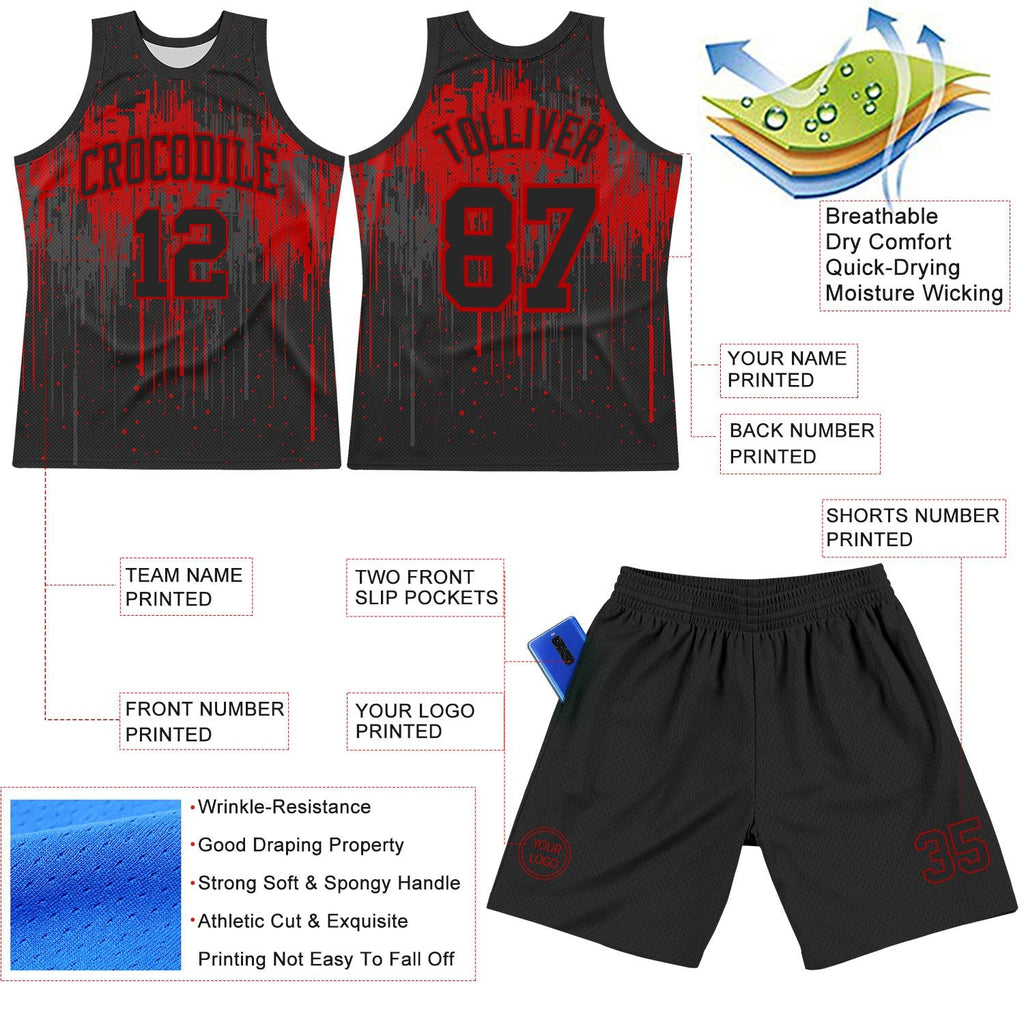 Custom Black Red Dripping Splatter Art Round Neck Sublimation Basketball Set Jersey photo 3
