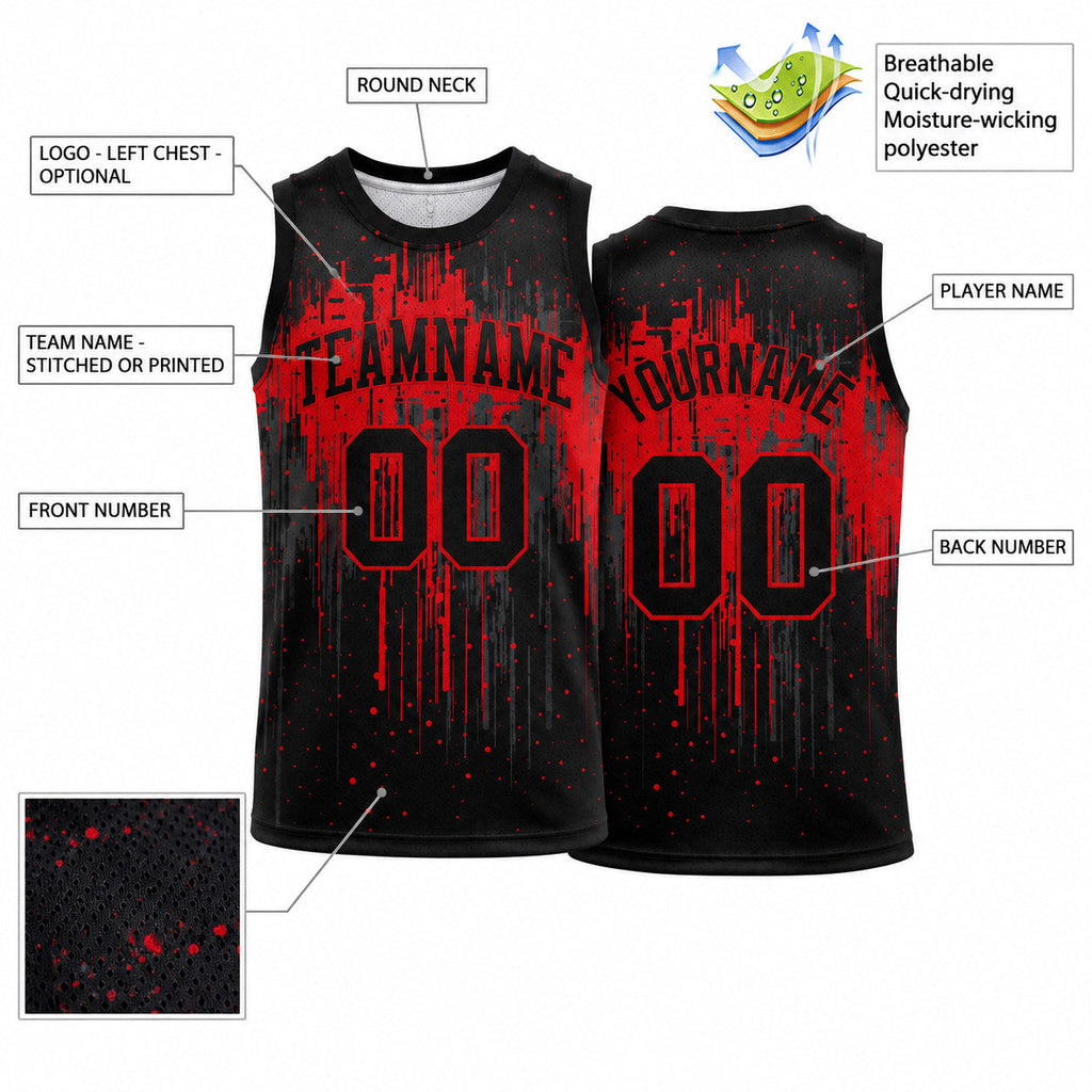 Custom Black Dripping Splatter Art Round Neck Sublimated Basketball Jersey Set with Red Lettering customization guide