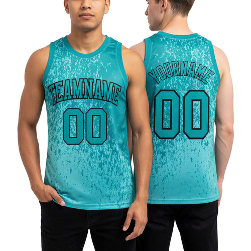 Custom Aqua Black Fragment Art Round Neck Sublimation Basketball Set Jersey worn front and back