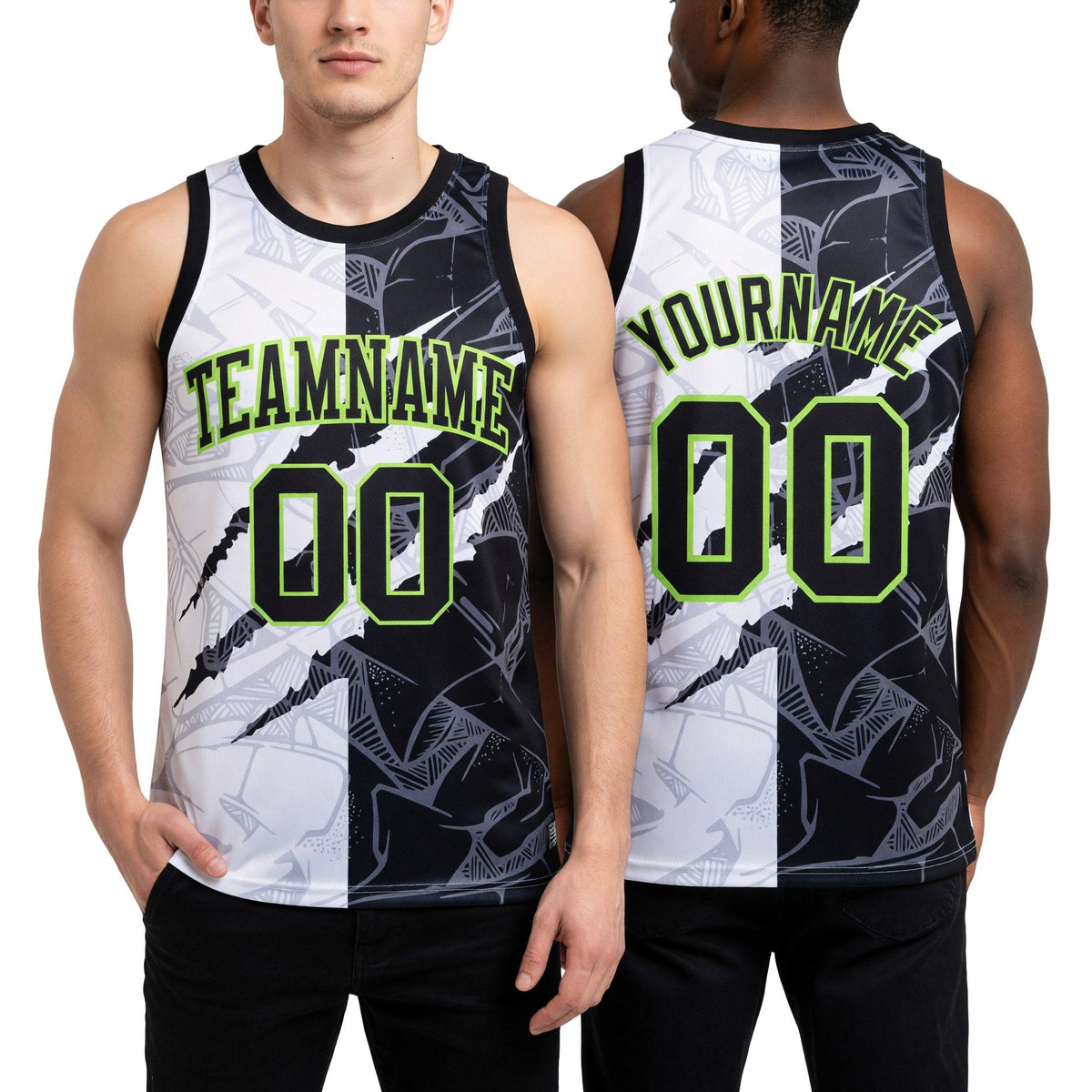 Custom Graffiti Pattern Black White-Neon Green Scratch Round Neck Sublimation Basketball Set Jersey worn front and back