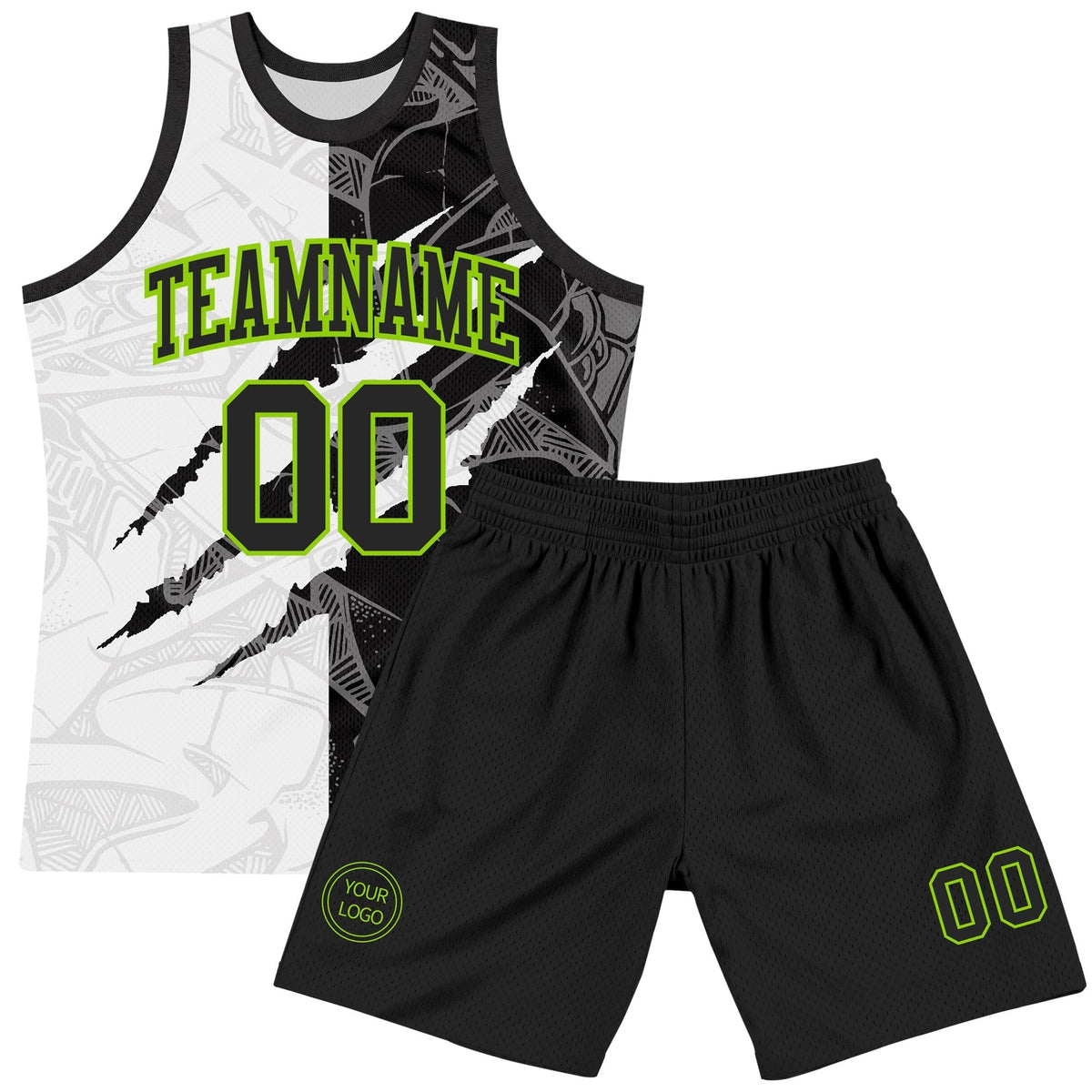 Custom Graffiti Pattern Black White-Neon Green Scratch Round Neck Sublimation Basketball Set Jersey photo 2