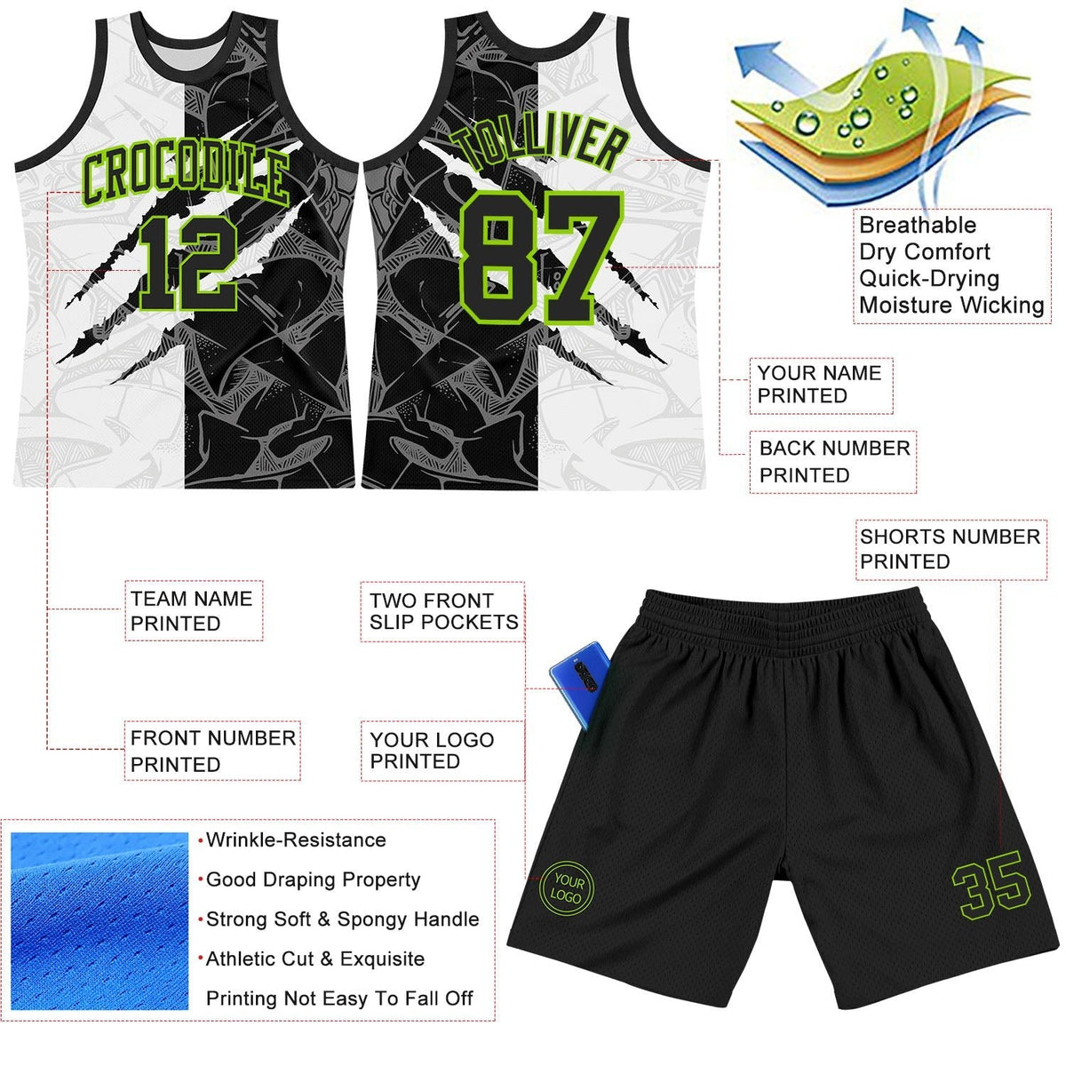 Custom Graffiti Pattern Black White-Neon Green Scratch Round Neck Sublimation Basketball Set Jersey photo 3