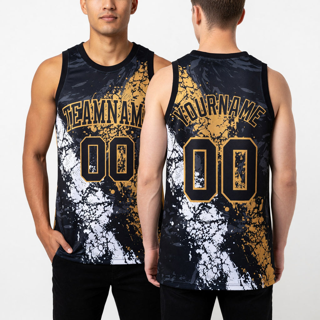 Custom Black Old Gold-White Splash Round Neck Sublimation Basketball Set Jersey worn front and back