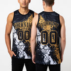 Custom Black Old Gold-White Splash Round Neck Sublimation Basketball Set Jersey worn front and back