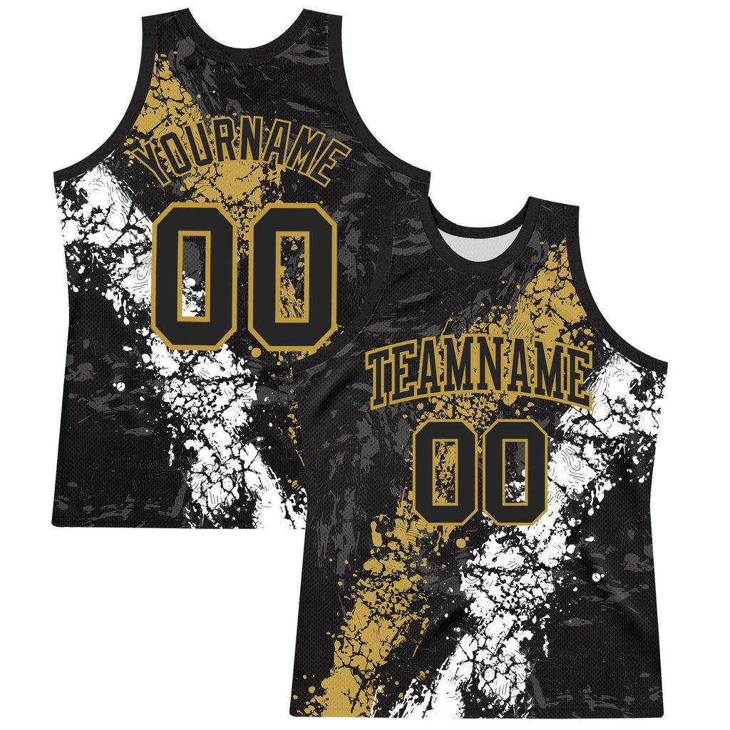 Custom Black Old Gold-White Splash Round Neck Sublimation Basketball Set Jersey