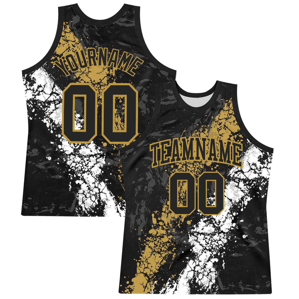 Custom Black Old Gold-White Splash Round Neck Sublimation Basketball Set Jersey