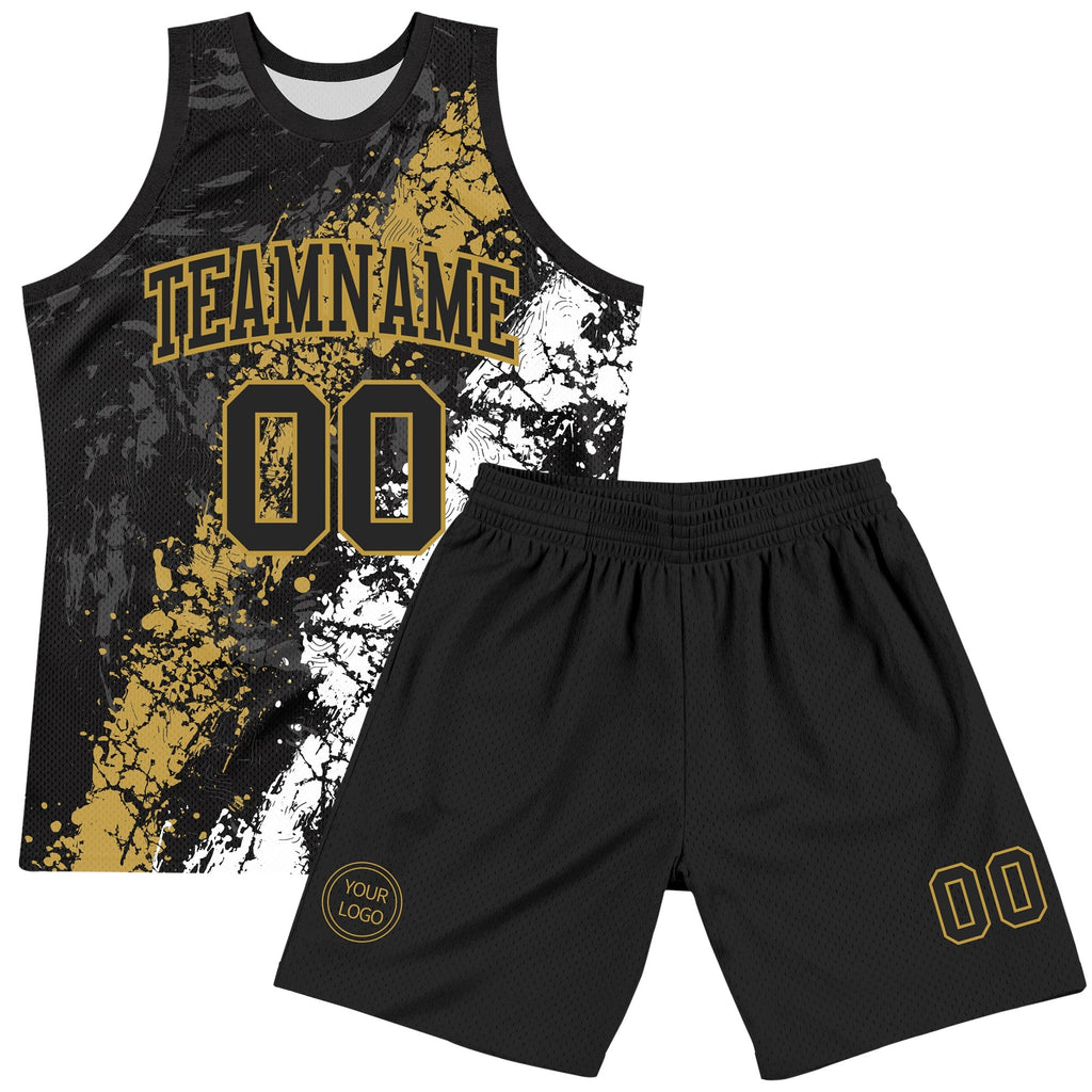 Custom Black Old Gold-White Splash Round Neck Sublimation Basketball Set Jersey photo 2