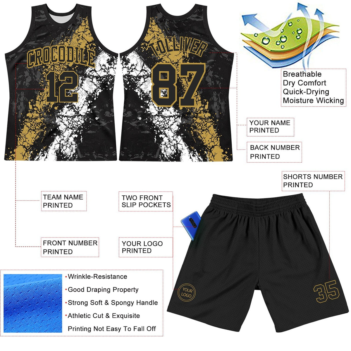 Custom Black Old Gold-White Splash Round Neck Sublimation Basketball Set Jersey photo 3