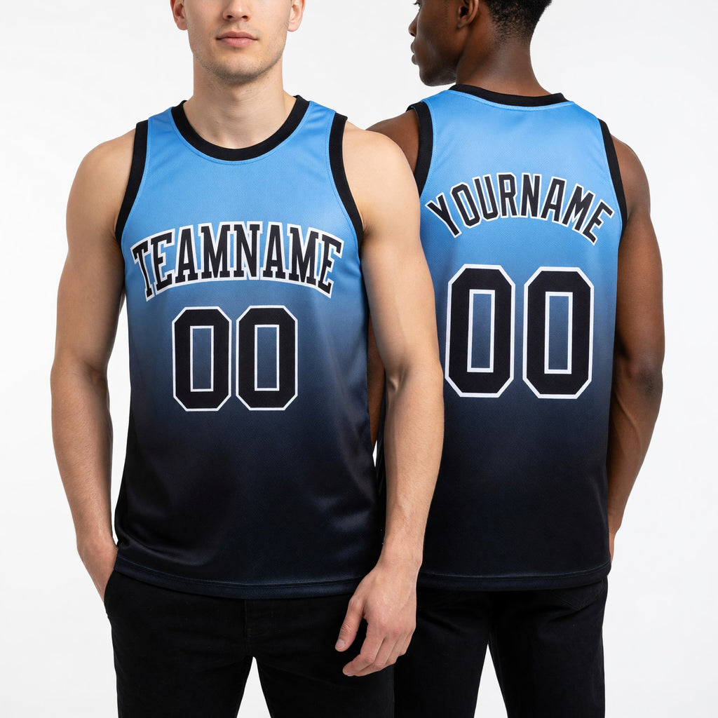 Custom Powder Blue Black-White Fade Fashion Round Neck Sublimation Basketball Set Jersey worn front and back