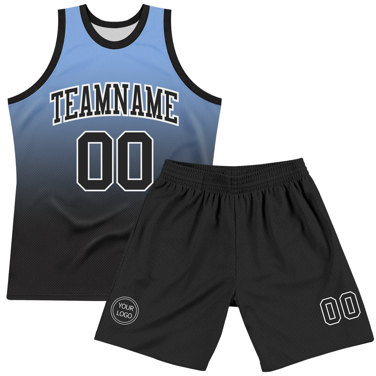 Custom Powder Blue Black-White Fade Fashion Round Neck Sublimation Basketball Set Jersey photo 2