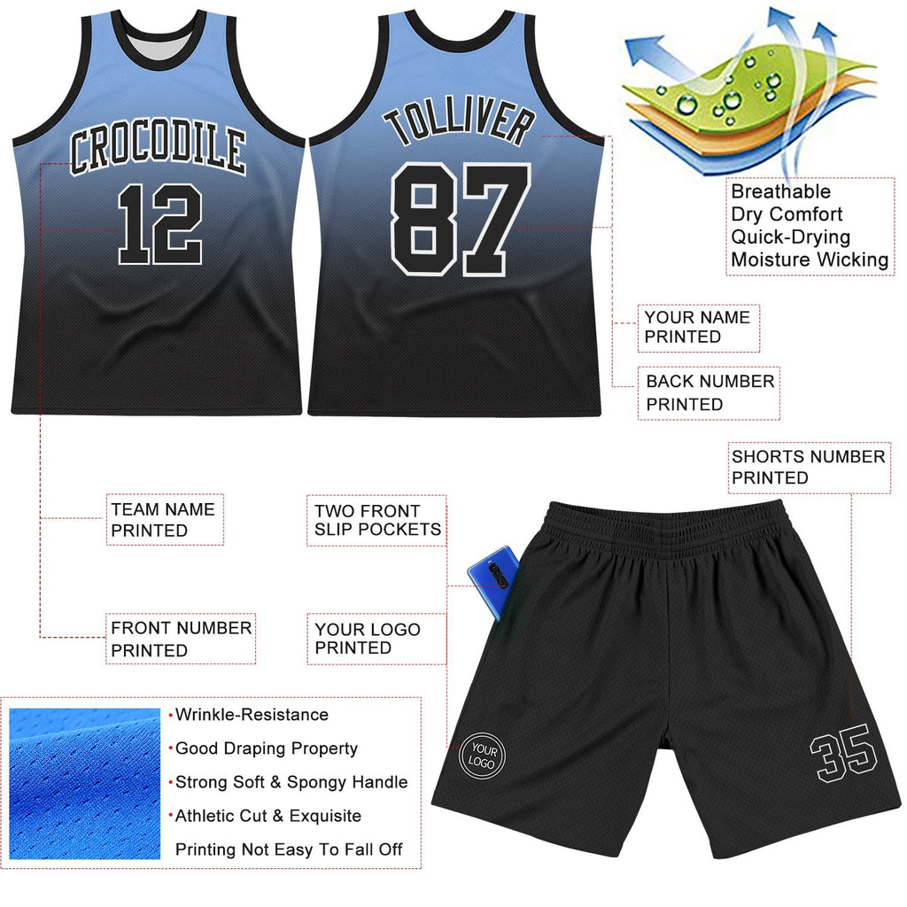 Custom Powder Blue Black-White Fade Fashion Round Neck Sublimation Basketball Set Jersey photo 3