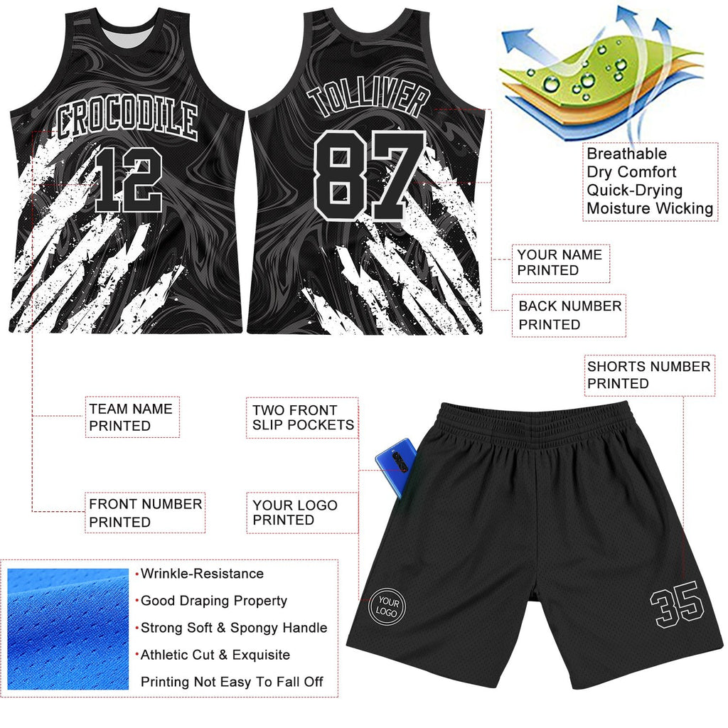 Custom Black White Splash Round Neck Sublimation Basketball Set Jersey photo 3