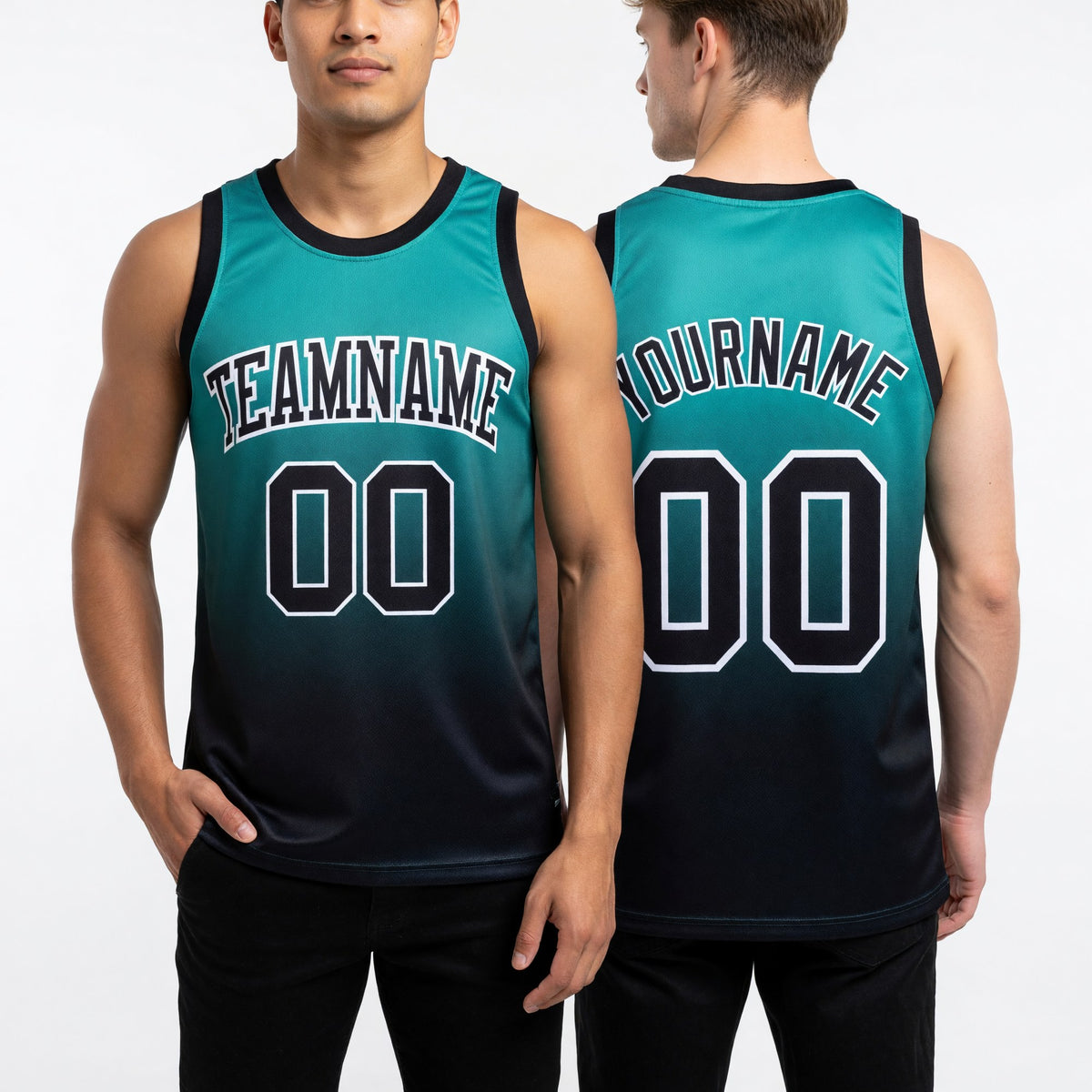 Custom Aqua Black-White Fade Fashion Round Neck Sublimation Basketball Set Jersey worn front and back