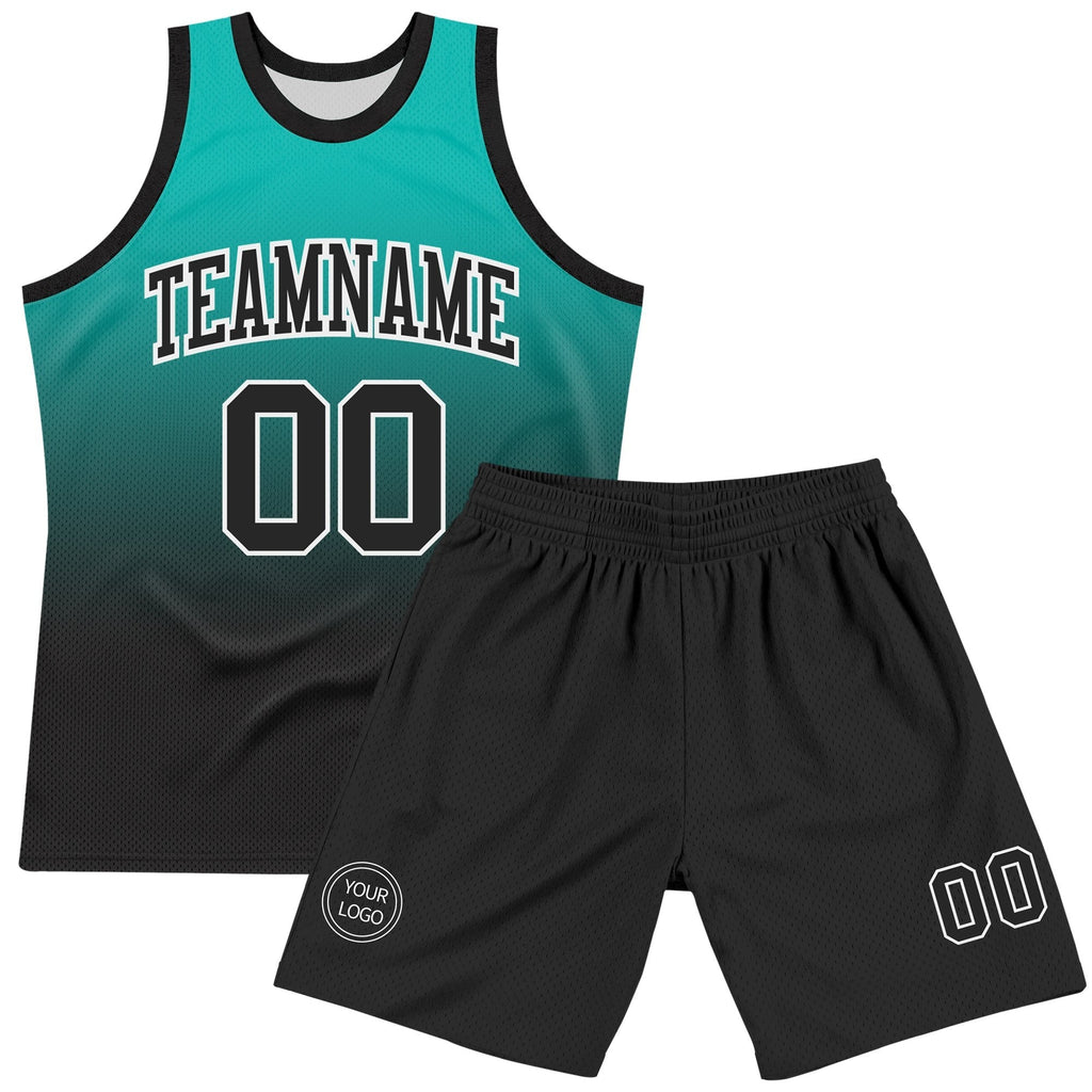 Custom Aqua Black-White Fade Fashion Round Neck Sublimation Basketball Set Jersey photo 2