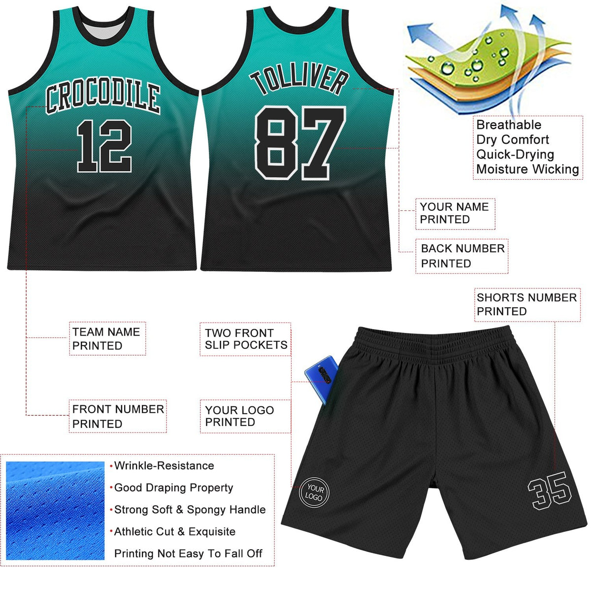 Custom Aqua Black-White Fade Fashion Round Neck Sublimation Basketball Set Jersey photo 3