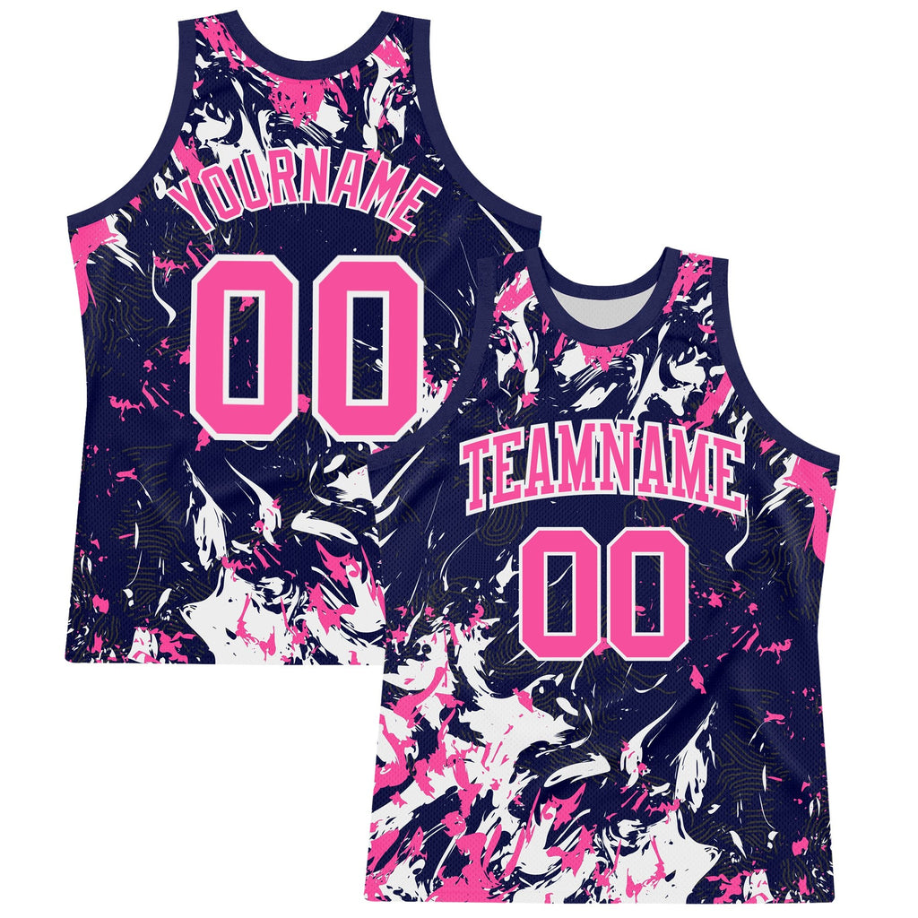 Custom Navy Pink-White Fluid Art Round Neck Sublimation Basketball Set Jersey
