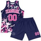 Custom Navy Pink-White Fluid Art Round Neck Sublimation Basketball Set Jersey photo 2