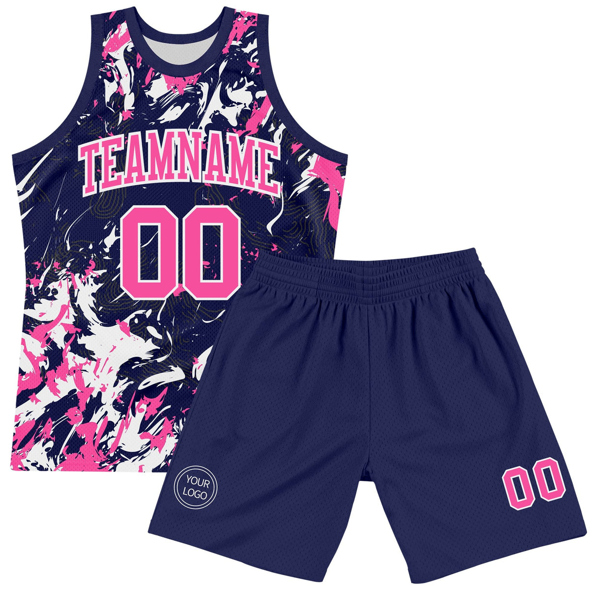 Custom Navy Pink-White Fluid Art Round Neck Sublimation Basketball Set Jersey photo 2