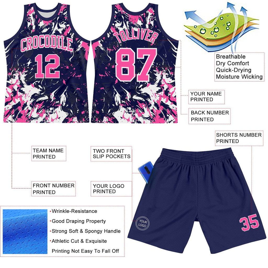 Custom Navy Pink-White Fluid Art Round Neck Sublimation Basketball Set Jersey photo 3