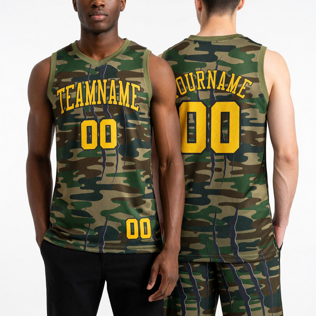 Custom Camo Yellow-Black Digital Camouflage Claw Round Neck Sublimation Salute To Service Basketball Uniform Jersey worn front and back