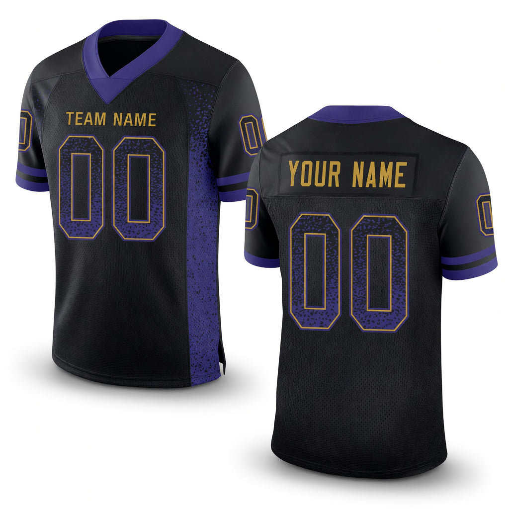Custom Black Purple-Old Gold Drift Fashion Football Jersey