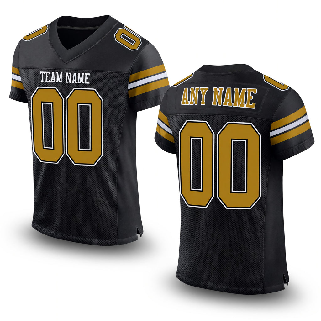 Custom Black Old Gold-White Mesh Authentic Football Jersey