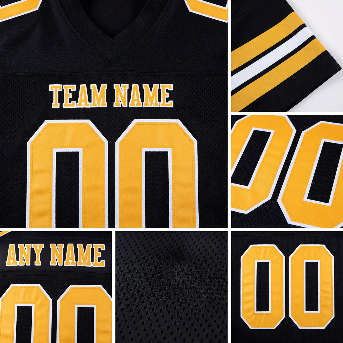 Custom Black Old Gold-White Mesh Authentic Football Jersey detail