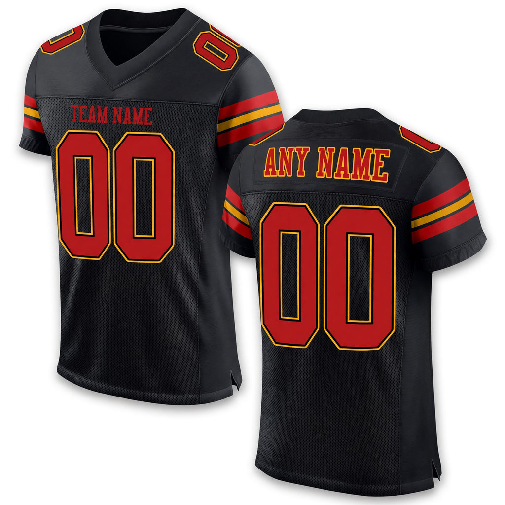 Custom Black Scarlet-Gold Mesh Authentic Football Jersey