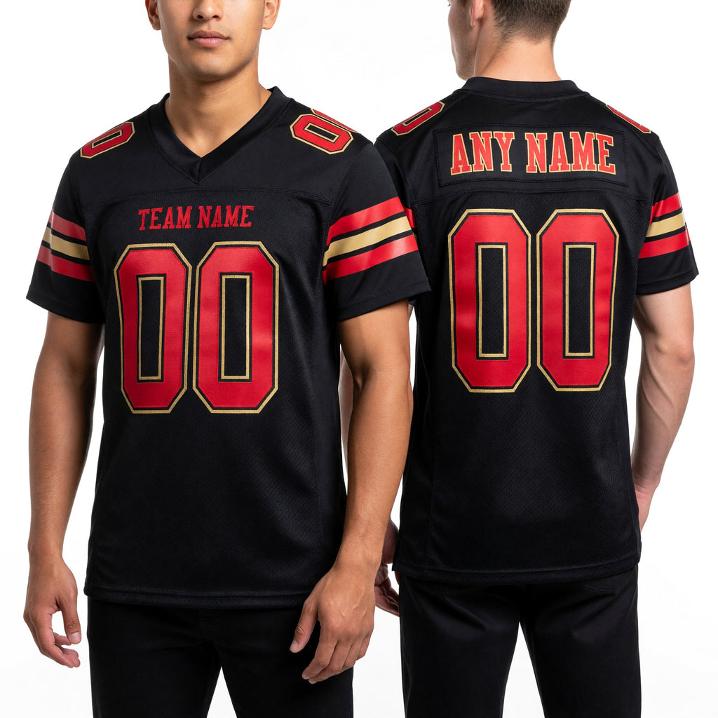 Custom Black Red-Old Gold Mesh Authentic Football Jersey worn front and back