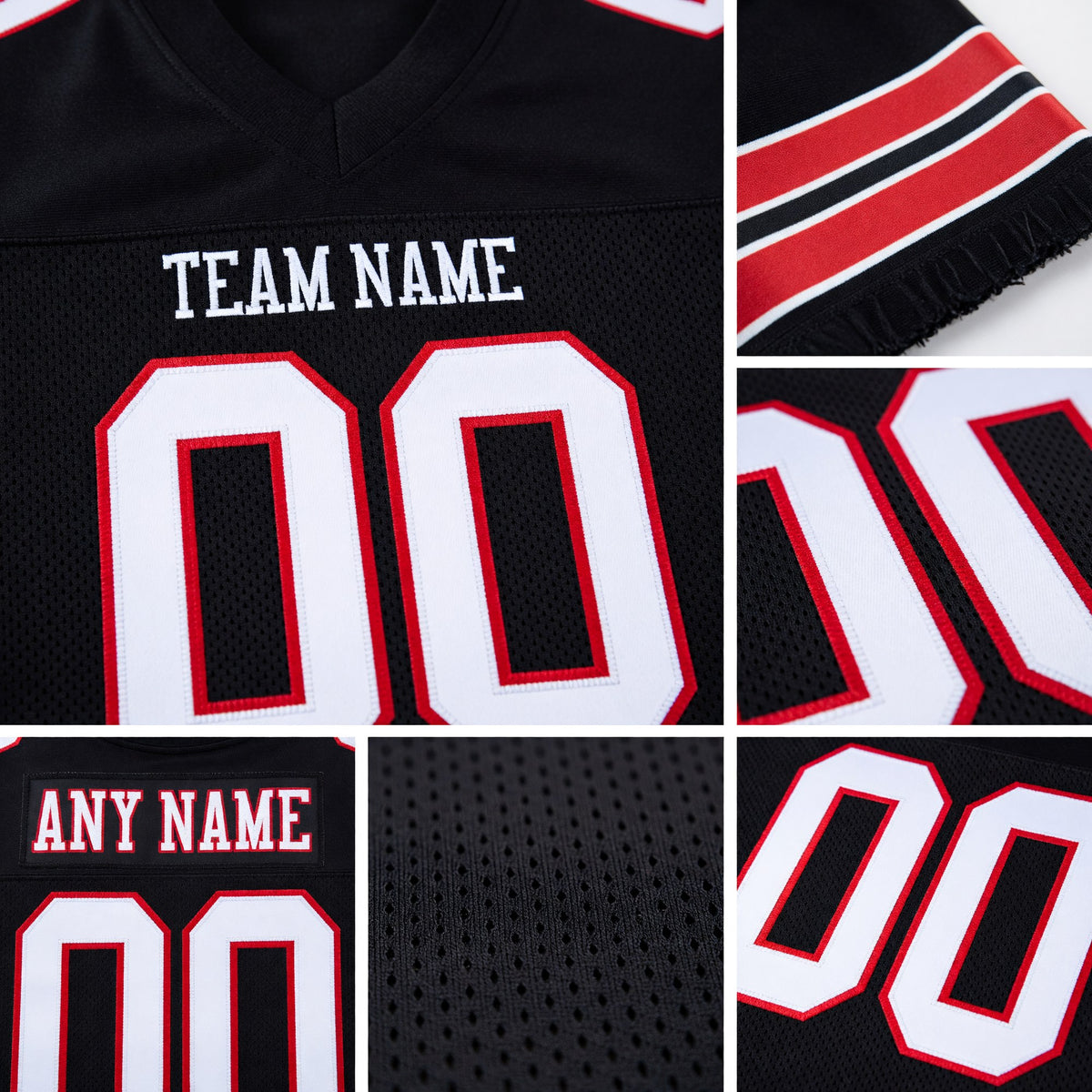 Custom Black White-Red Mesh Authentic Football Jersey detail
