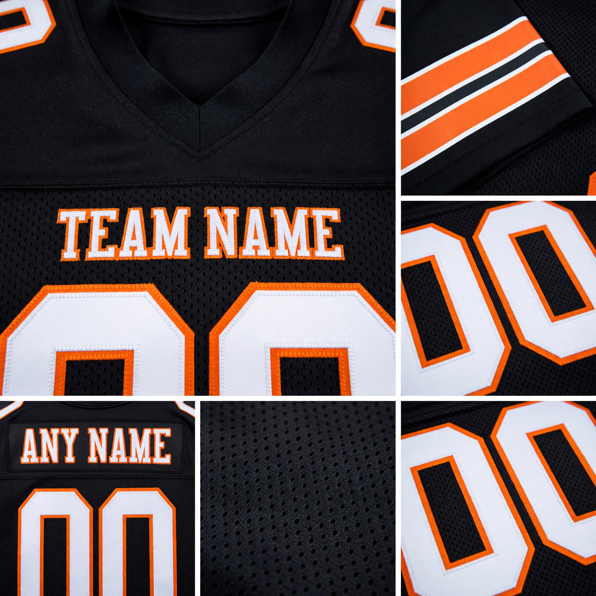 Custom Black White-Orange Mesh Authentic Football Jersey detail