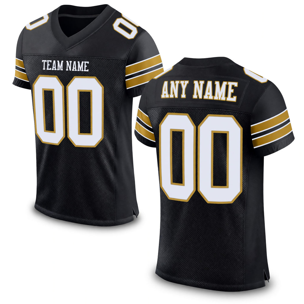 Custom Black White-Old Gold Mesh Authentic Football Jersey