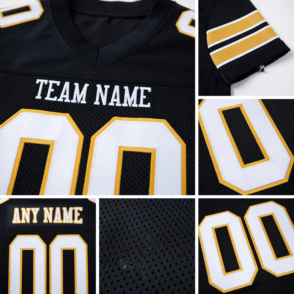 Custom Black White-Old Gold Mesh Authentic Football Jersey detail