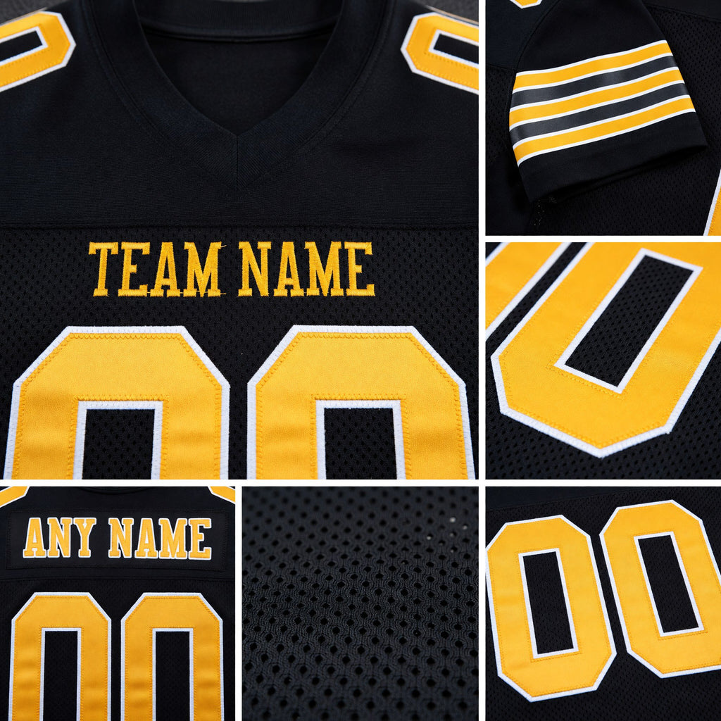 Custom Black Gold-White Mesh Authentic Football Jersey detail
