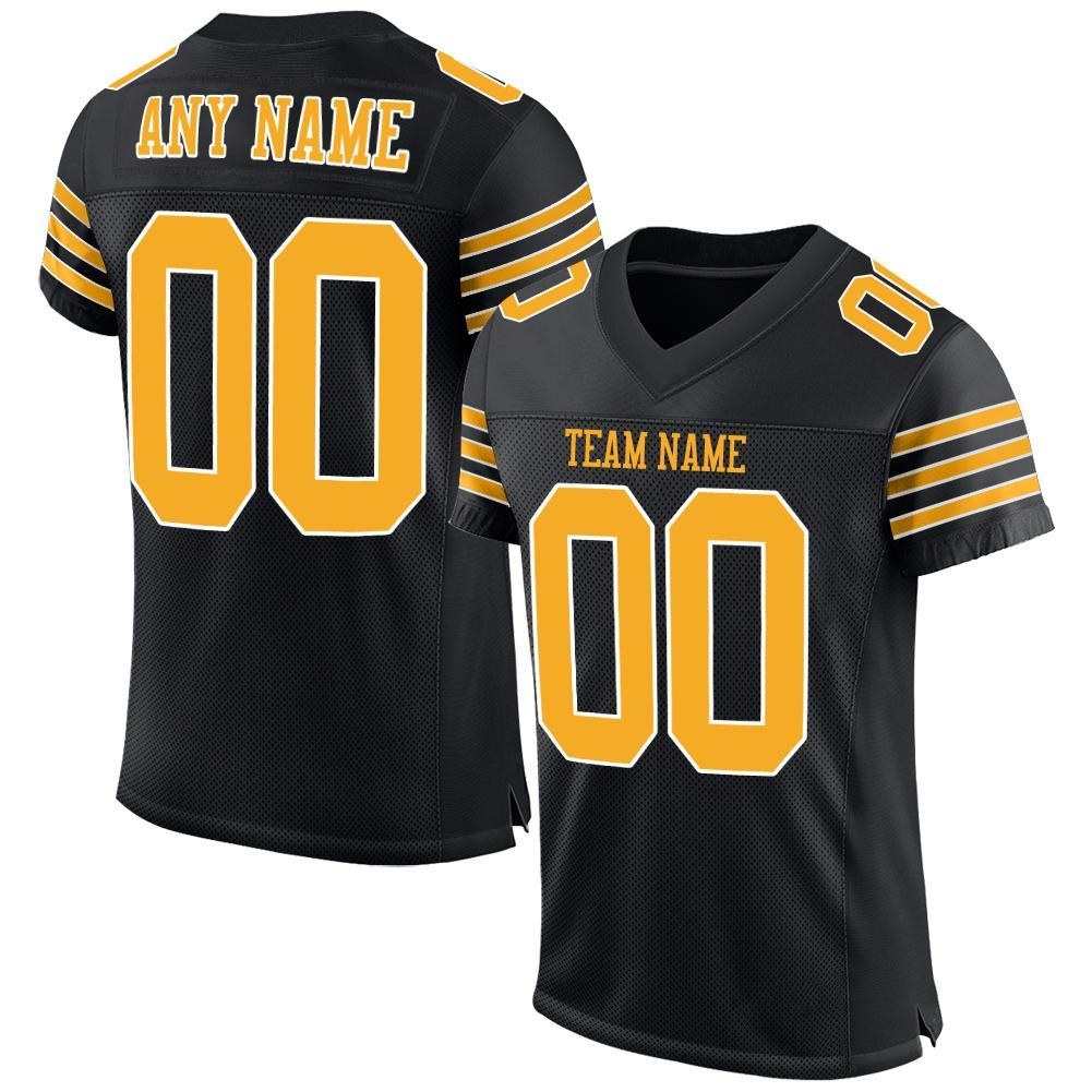 Custom Black Gold-White Mesh Authentic Football Jersey photo 1